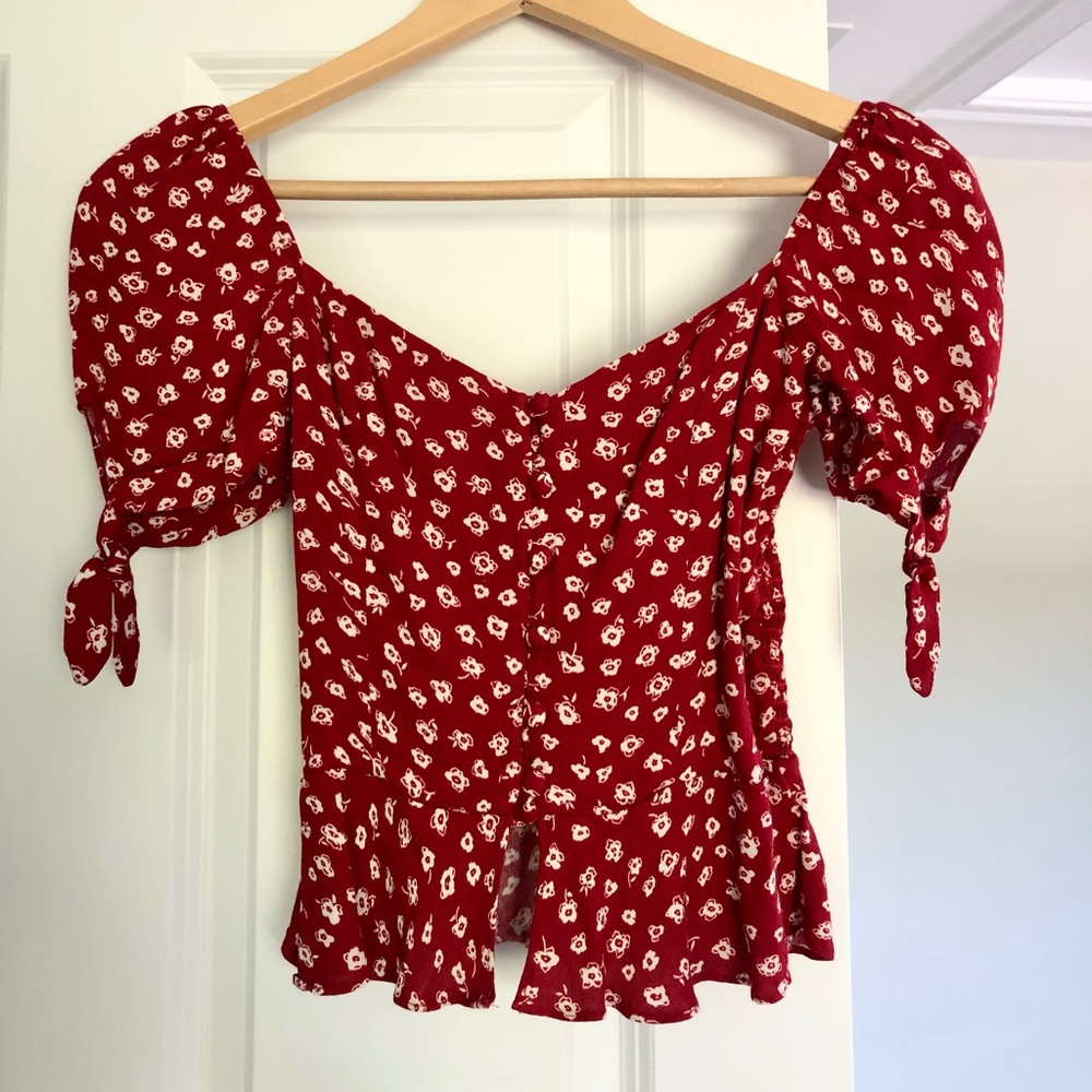 Reformation Red Floral Holland Top